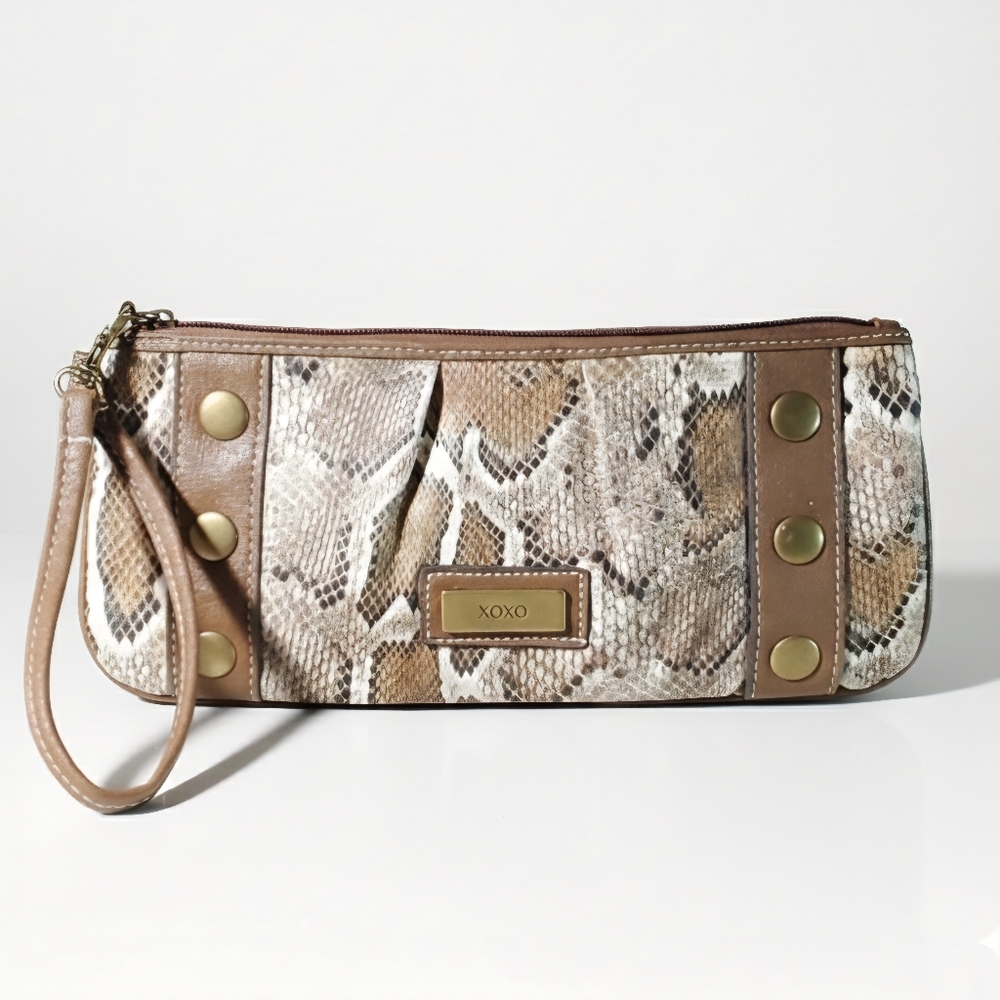 XOXO 10.5x4.5" Wristlet Purse NEW Snake Print Vegan Leather Lobster Claw Brown